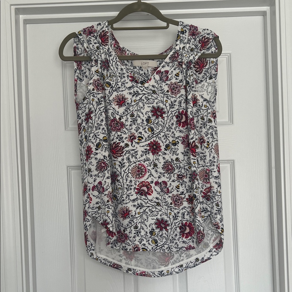 LOFT White Floral Sleeveless Top with Pink & Black Print